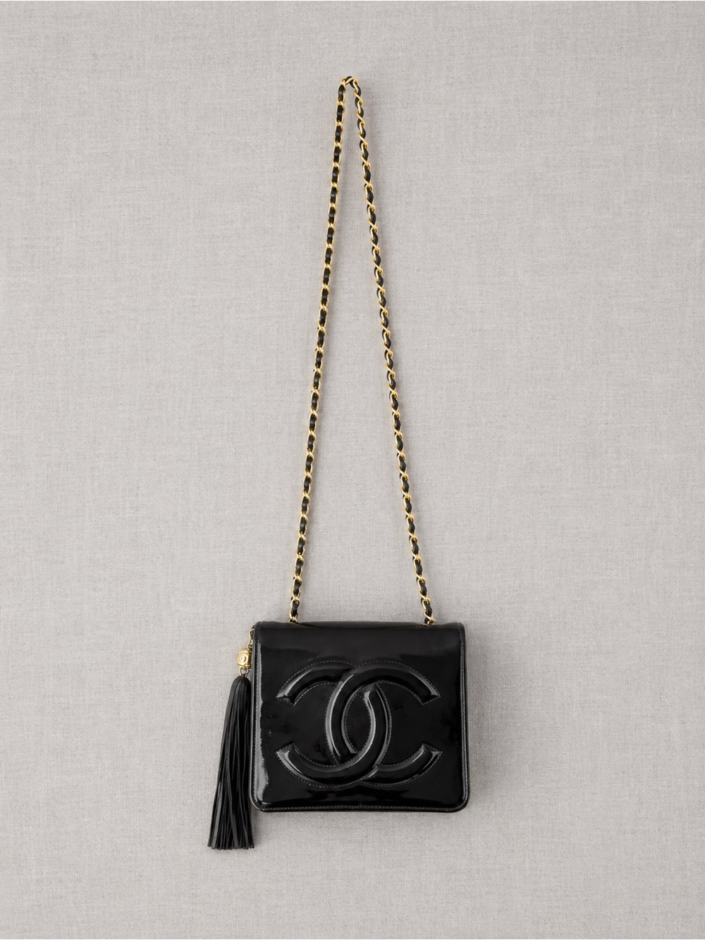 Black Patent Leather Chain Shoulder Bag with Tassel